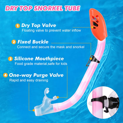 Kids Snorkel Set, Children Anti-Fog Diving Mask Swimming Goggles Full Dry Top Snorkel Equipment Snorkeling Packages Swimming Gear for Youth Boys Girls Age 5-10 (Pink White)