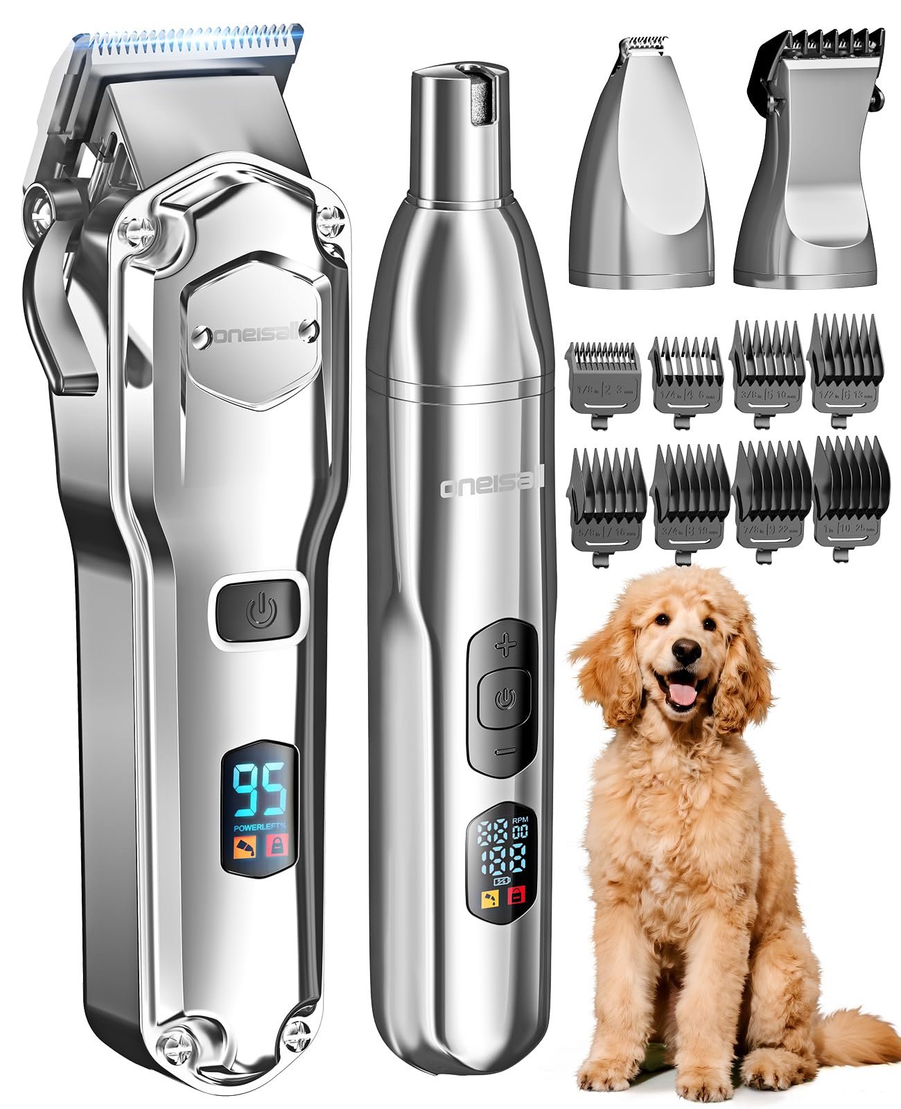 oneisall Dog Clippers for Grooming Thick/Heavy Coats, 4-in-1 Dog Grooming Kit Low Noise with Stainless Steel Blade, Cordless Dogs Paw Trimmer Pet Nail Grinder for Small & Large Dogs Cats Animals