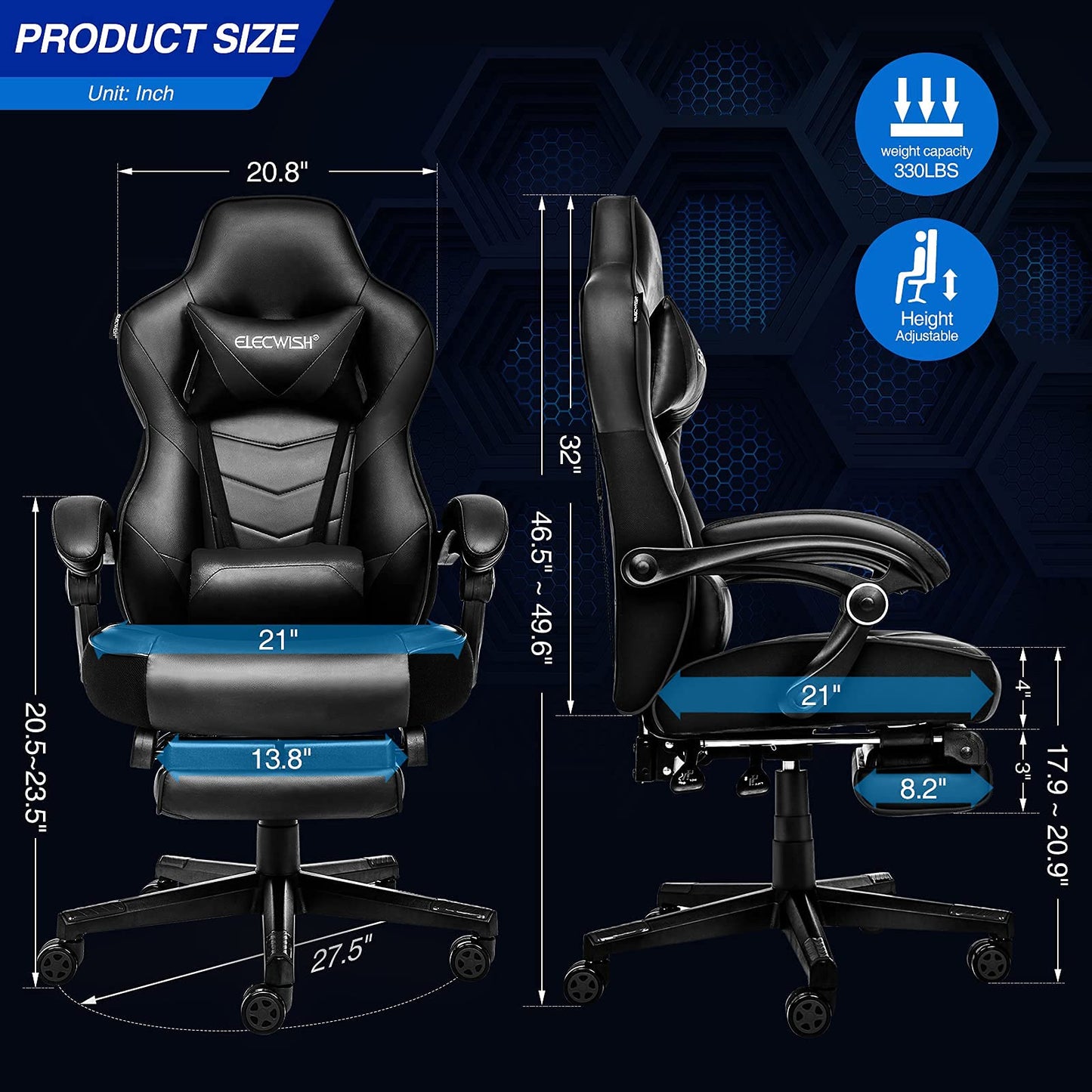 ELECWISH Gaming Chair, Reclining Computer Chair with Footrest and Lumbar Support, High Back Ergonomic for Adults with Headrest PU Leather