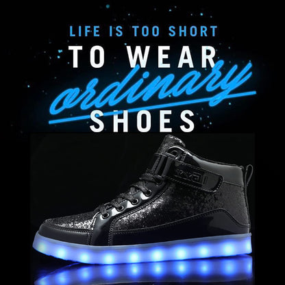 IGxx LED Light Up Shoes for Men USB Recharging High Top Sneakers Women Kids Glitter Black 12