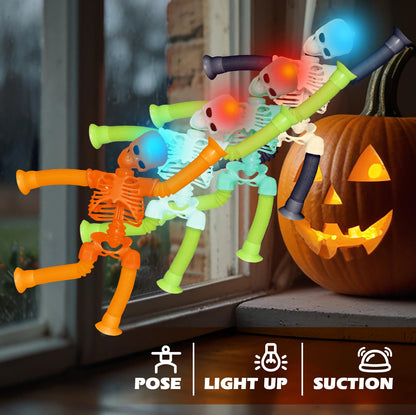 Halloween LED Skeleton Pop Tubes Light Up 4 Pcs Halloween Sensory Fidget Toys, Telescopic Suction Cup Autism ADHD Halloween Party Favors Goodie Bags Basket Stuffers Trick or Treat Toys for Kids 3+