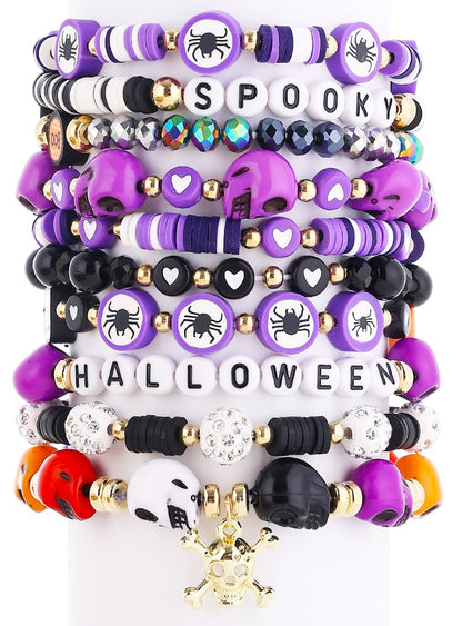Cooluckday 10 Pcs Stackable Bracelet Set - Halloween Bracelets with Pumpkin, Spider, Ghost Charms - Stretch Bracelets for Women - BOO Happy