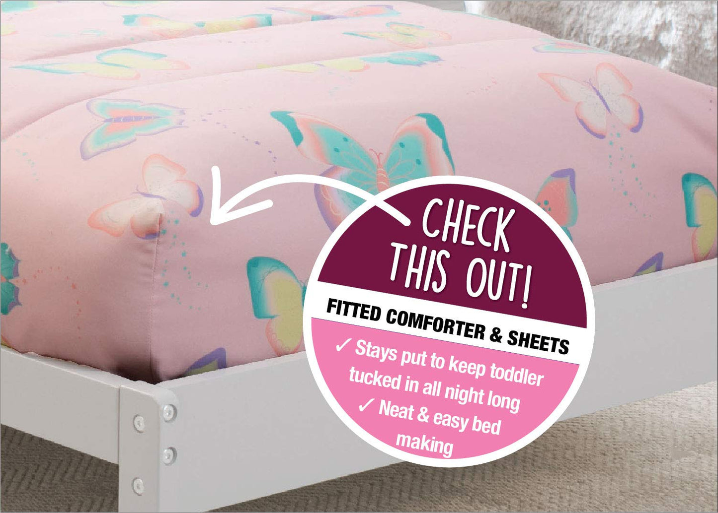 Delta Children 4 Piece Toddler Bedding Set for Girls - Reversible 2-in-1 Comforter - Includes Fitted Comforter to Keep Little Ones Snug, Bottom Sheet, Top Sheet, Pillow Case - Pink Butterfly Flutter