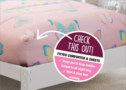 Delta Children 4 Piece Toddler Bedding Set for Girls - Reversible 2-in-1 Comforter - Includes Fitted Comforter to Keep Little Ones Snug, Bottom Sheet, Top Sheet, Pillow Case - Pink Butterfly Flutter