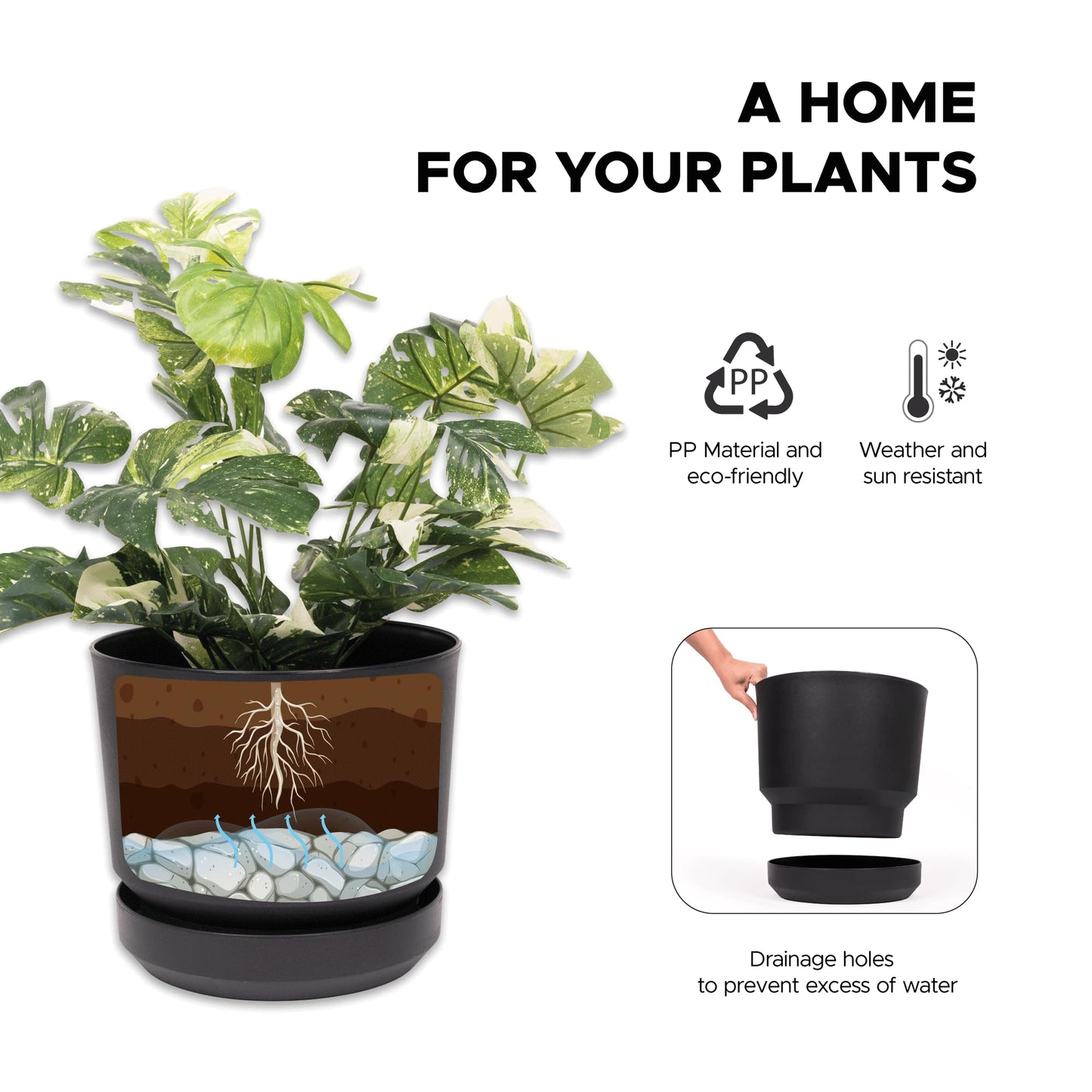 Elly Décor 12 inch Plastic Cylinder Planter Pot with Self-Watering Saucer and Drainage Hole,Lightweight & Extremely Durable, 12"x 12", Black