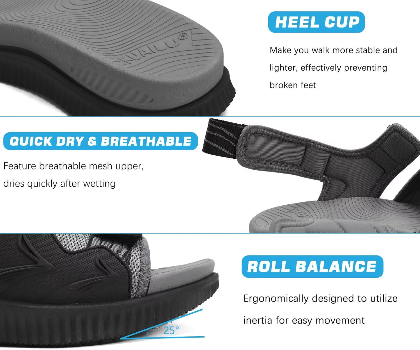 KuaiLu Mens Arch Support Hiking Sandals Orthopedic Athletic Sport Recovery Walking Cushion Sandals Open Toe Summer Beach Travel Sandles Plantar Fasciitis Water Outdoor Sandalias BlackGrey 10.5