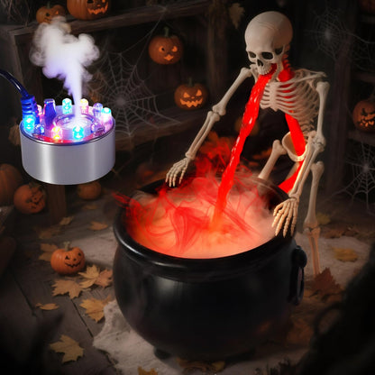 Halloween Decoration, Ultrasonic Mist Maker Fogger with Black Witch Cauldron Halloween Skeleton Splash Guard, Spooky Hocus Pocus Party Halloween Decor for Home Table Kitchen Garden