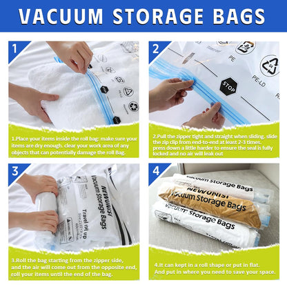 12 Pack Compression Bags, Travel Roll Up Reusable Travel Space Saver Vacuum Storage Bags for Luggage, Camping, and Storage (No Vacuum or Pump Needed).