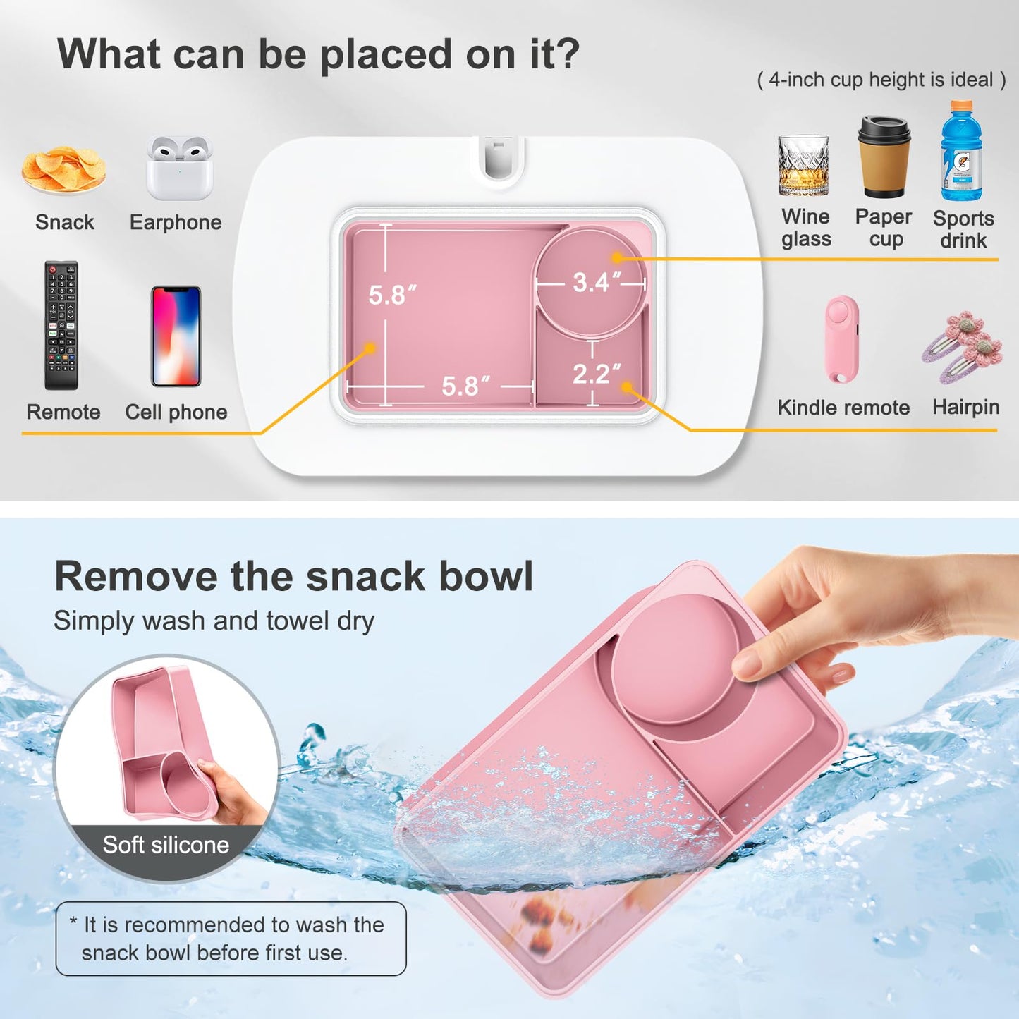 ERGONOV Lap Beanbag Tablet Pillow Stand with Snack Bowl and 360° Rotating Arm, Adjustable iPad Holder for Bed, Couch, and Recliner, Compatible with 4.7"-13" Kindle, iPad, Tablet, Phone,Pink