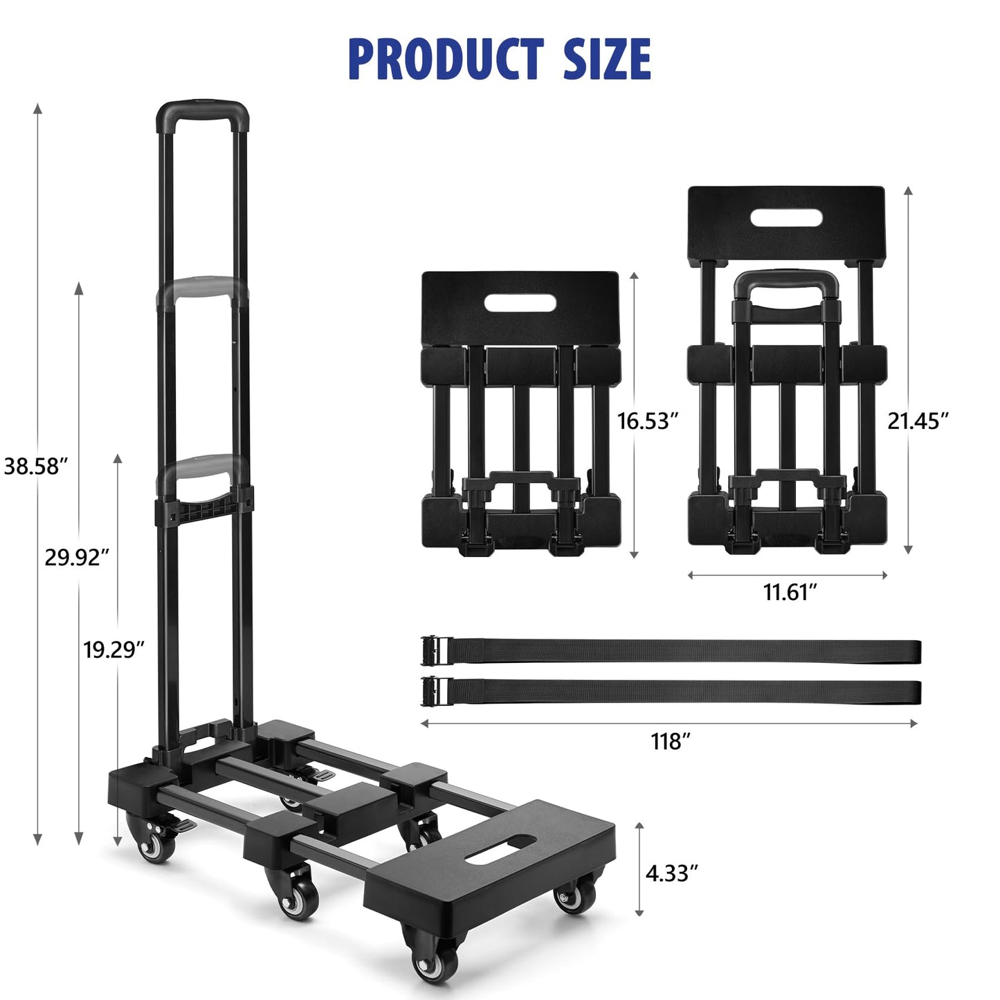 KEDSUM Folding Hand Truck with 6 Wheels, 530 LBS Load-Bearing Luggage Cart, Freely Adjustable Car Seat Dolly for Airport, Car Seat Travel Cart 2 Lashing Straps for Airport, Travel, Moving, Office