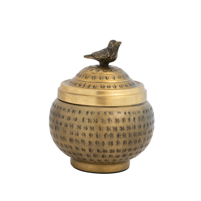 Creative Co-Op Round Hammered Metal Container with Bird Finial, Brass Finish
