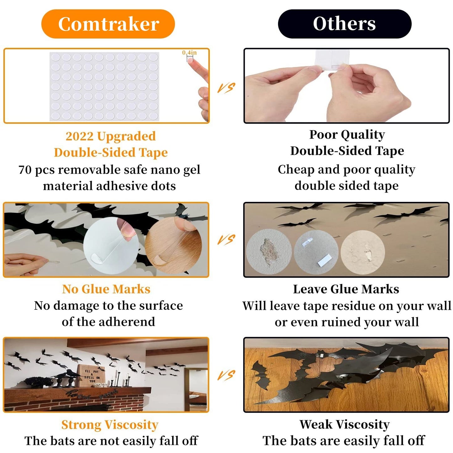 Comtraker Halloween Fireplace Mantle Decorations, Black Lace Spiderweb Mantel Scarf Cover Garland and 60 Pcs 3D Halloween Bats Wall Decor Stickers Decals for Festive Party Supplies, 18 x 98 inch