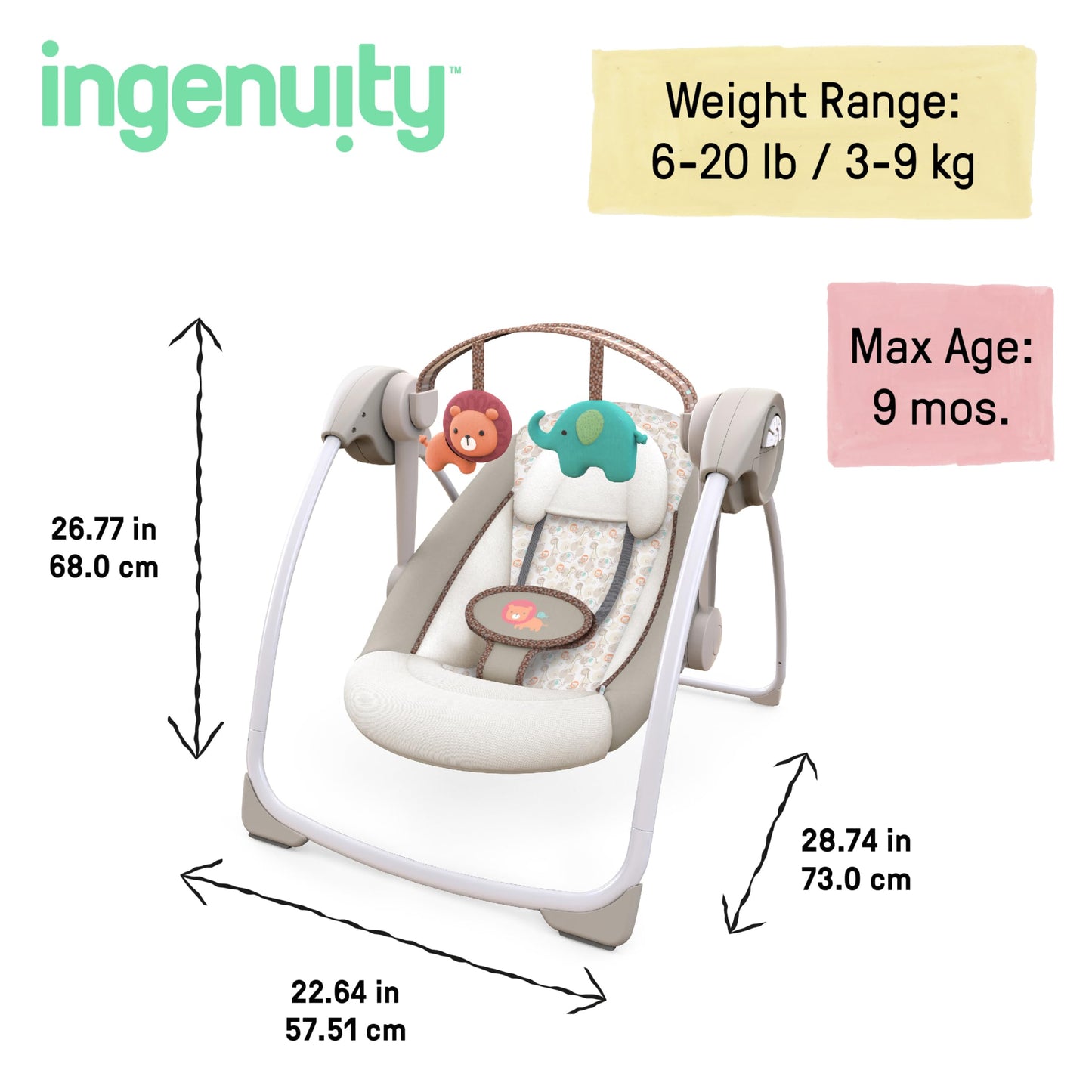 Ingenuity Soothe 'n Delight Compact Portable 6-Speed Plush Baby Swing with Music, Folds Easy, 0-9 Months 6-20 lbs (Cozy Kingdom)