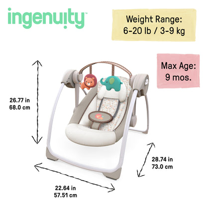 Ingenuity Soothe 'n Delight Compact Portable 6-Speed Plush Baby Swing with Music, Folds Easy, 0-9 Months 6-20 lbs (Cozy Kingdom)