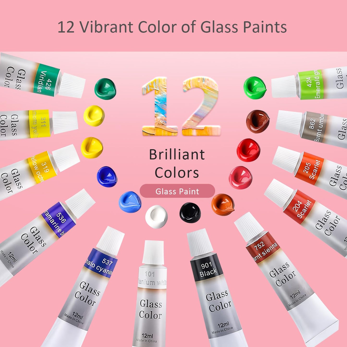 Colorful Stain Glass Paint Kit with 12 Colors, 3 Nylon Brushes, 1 Palette, Permanent Acrylic Enamel Painting Set to Create Translucent Arts on Transparent Wine Glasses, Enamel, Window and Glass