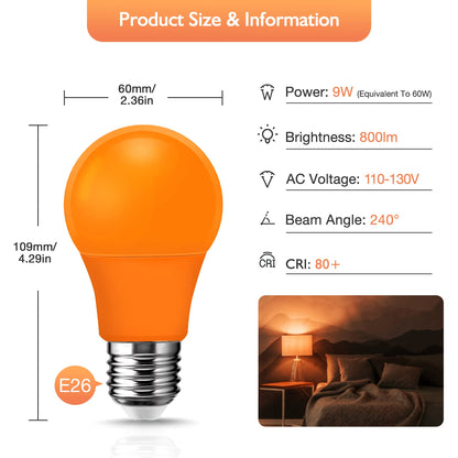 Flaspar Orange Light Bulbs Outdoor, A19 LED Halloween Light 60W Equivalent, 9W E26 Bulb for Porch, Party, Christmas Decor, Not-Dimmable, 4 Pack