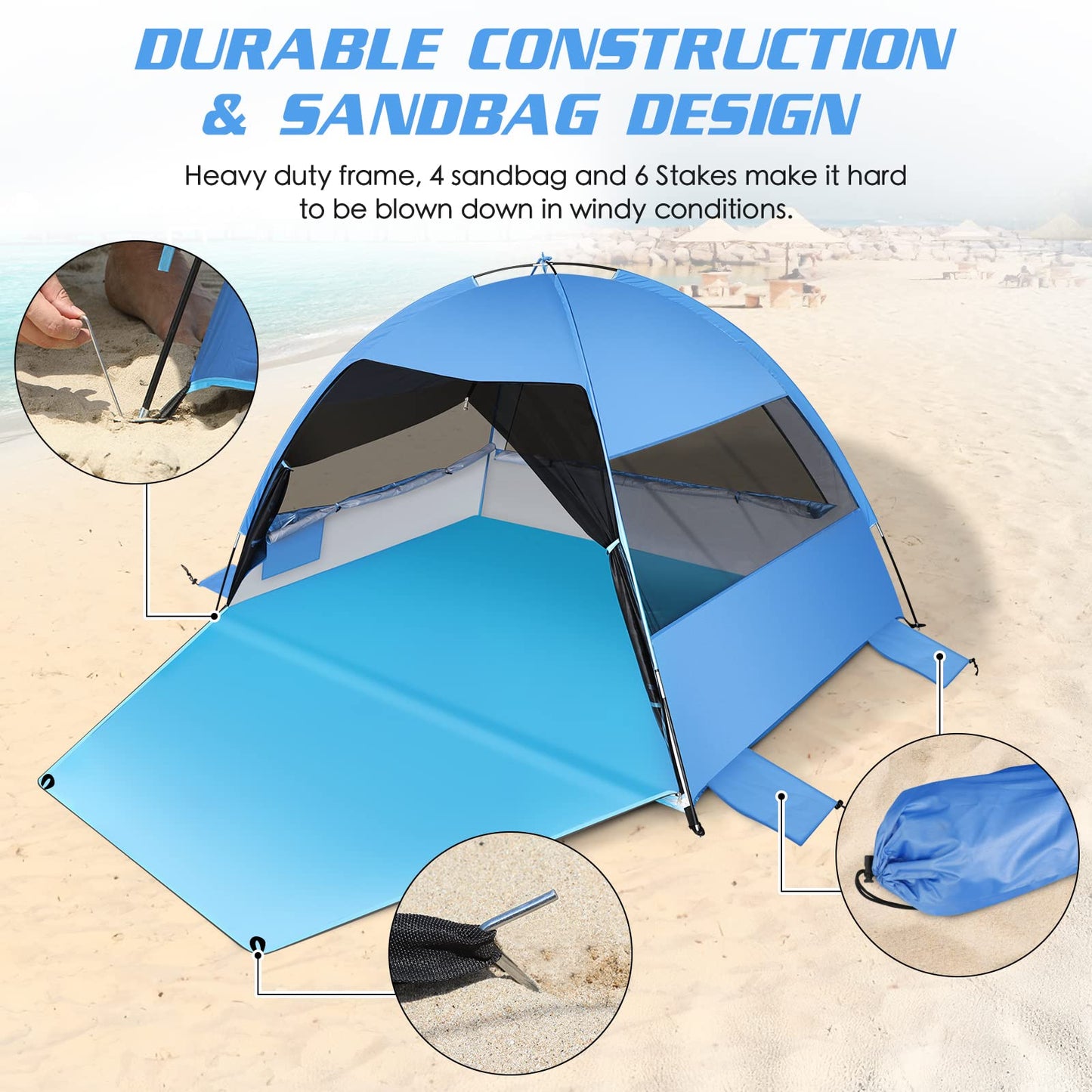 Large Easy Setup Beach Tent,Anti-UV Beach Shade Beach Canopy Tent Sun Shade with Extended Floor & 3 Mesh Roll Up Windows Fits 3-4 Person,Portable Shade Tent for Outdoor Camping Fishing (Blue)