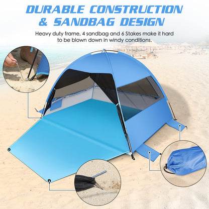 Large Easy Setup Beach Tent,Anti-UV Beach Shade Beach Canopy Tent Sun Shade with Extended Floor & 3 Mesh Roll Up Windows Fits 3-4 Person,Portable Shade Tent for Outdoor Camping Fishing (Blue)