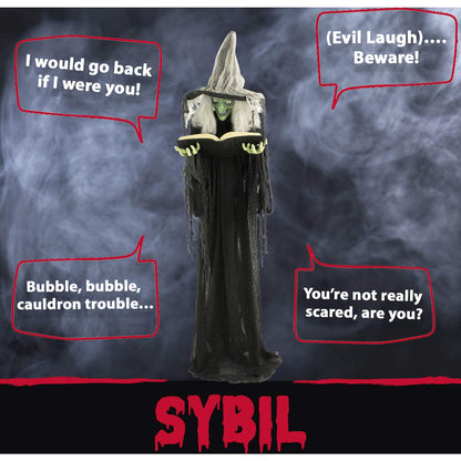 Haunted Hill Farm Life-Size Talking Witch Holding Spell Book, Halloween Animatronic with Touch Activated Lights and Sound, Poseable, Battery Operated Indoor or Covered Outdoor Halloween Decorations