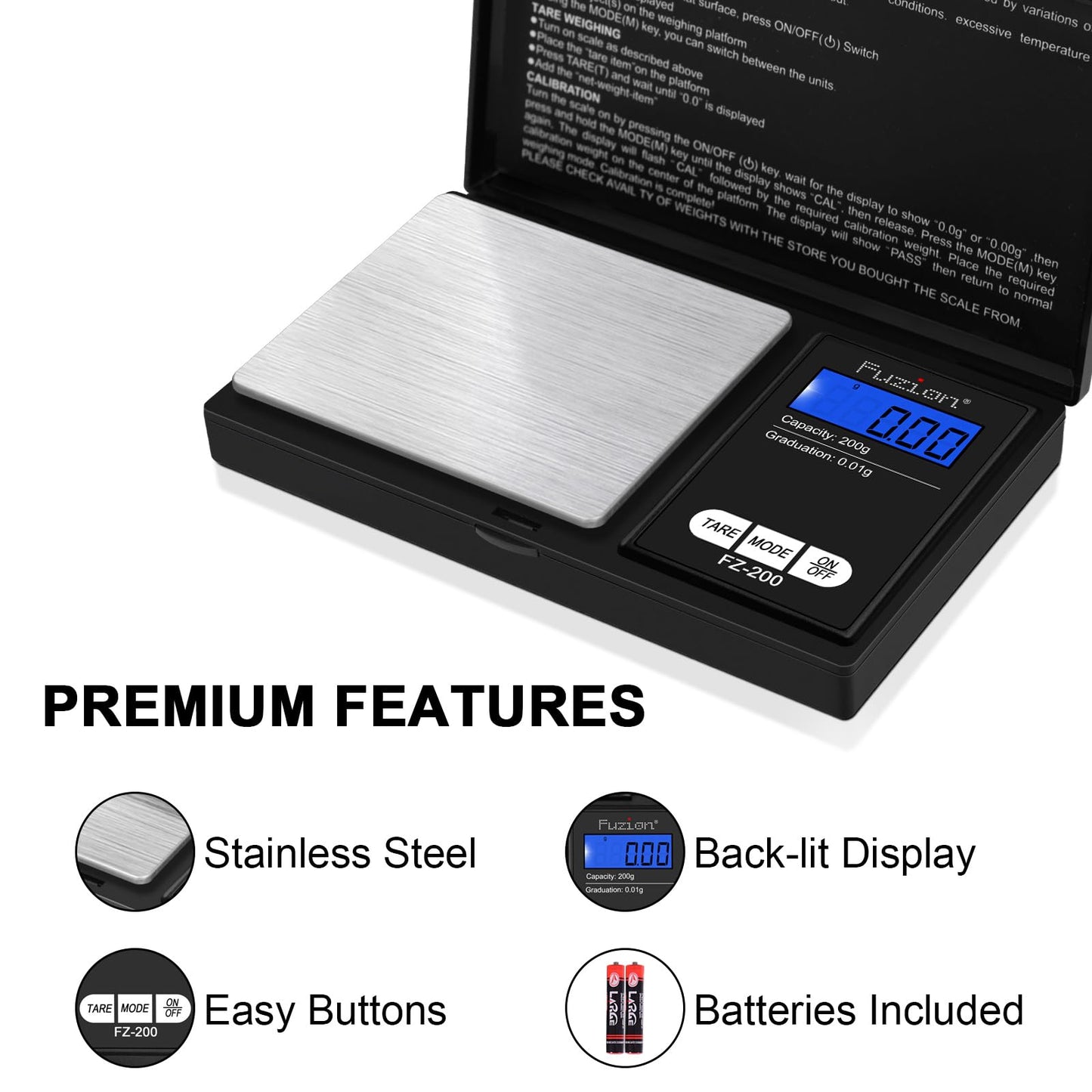 Fuzion Digital Pocket Scale, 200g/0.01g Gram Scale, Mini Scale Grams, Small Digital Scale, Small Food Scale, Jewelry Scale, Precision Scale with Tare, LCD
