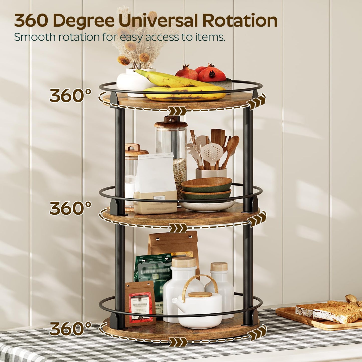 3-Tier Lazy Susan Organizer, Rotating Spice Rack, Spinning Organizer, Industrial Turntable Spice Rack Organizer for Cabinet, Kitchen Countertop, Pantry, Rustic Brown and Black SR23BR