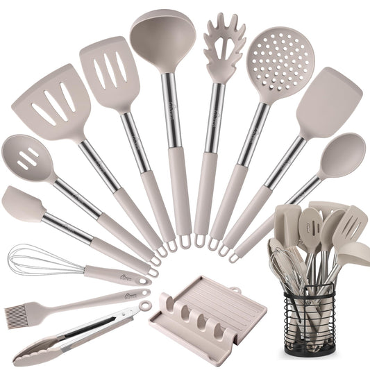 HOTEC 446°F Heat Resistant Silicone Kitchen Utensils, Cooking Utensil Set, Spatula Set, BPA Free, Kitchen Gadgets, With Stainless Steel Utensils Holder, Dishwasher Safe 14pcs Khaki