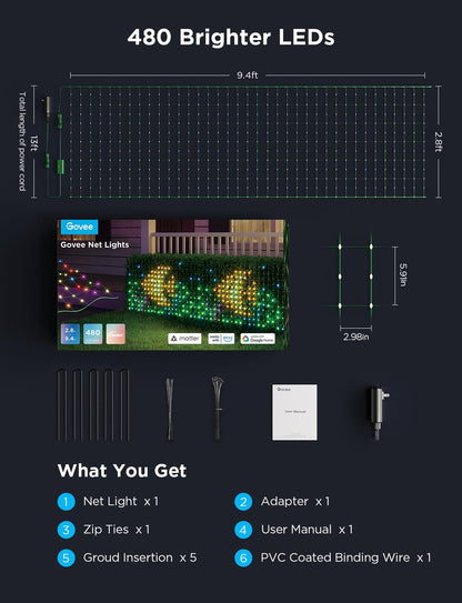 Govee Outdoor Net Lights, 2.8 × 9.4ft with RGBIC and DIY Functions, 480 LEDs Smart Net Lights with 64 Modes for Bush Patio Decor, IP65 Waterproof, Compatible with Alexa & Google Assistant, Green Wire