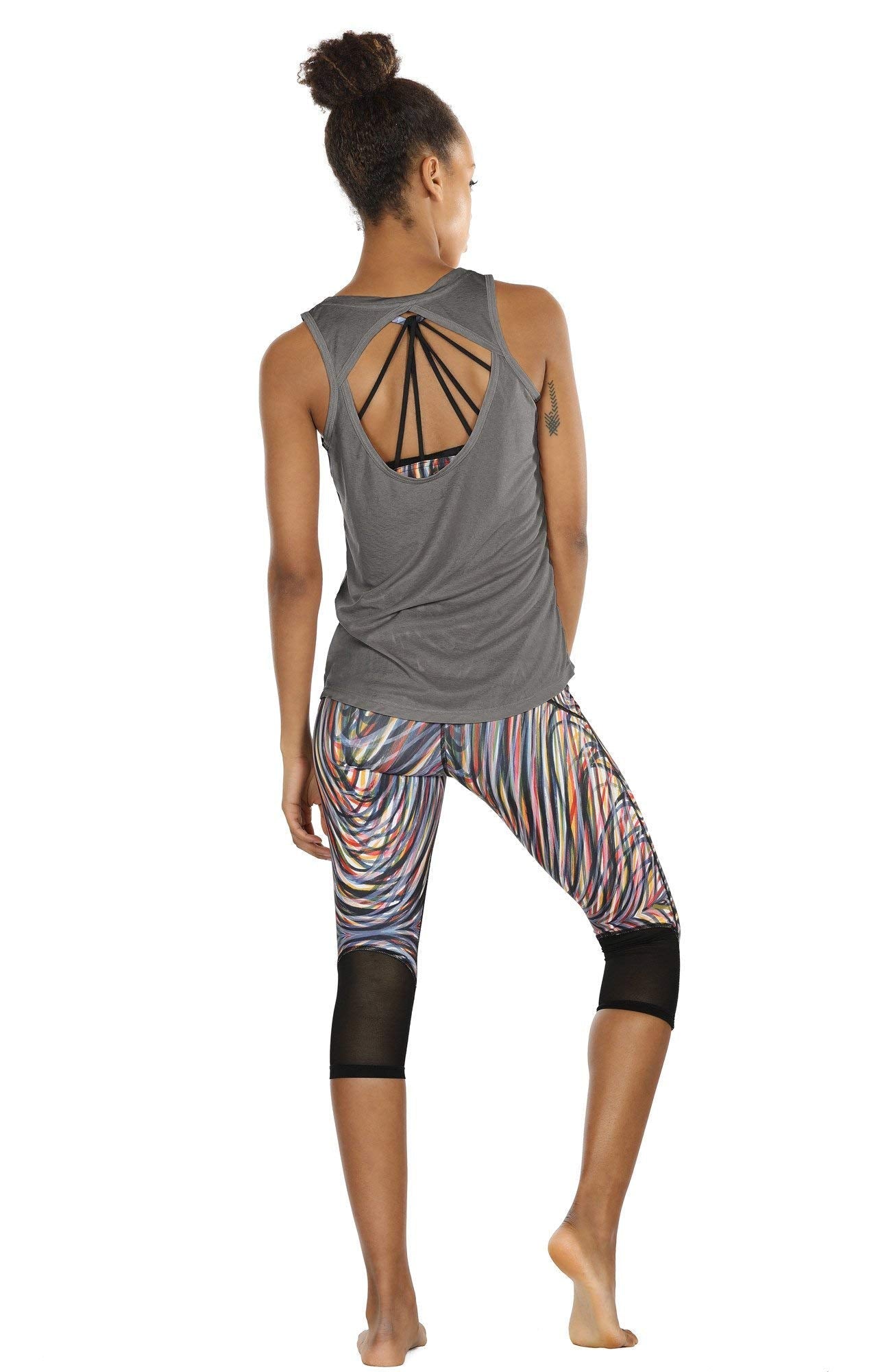 icyzone Yoga Tops Activewear Workout Clothes Open Back Fitness Racerback Tank Tops for Women (S, Grey/Green)