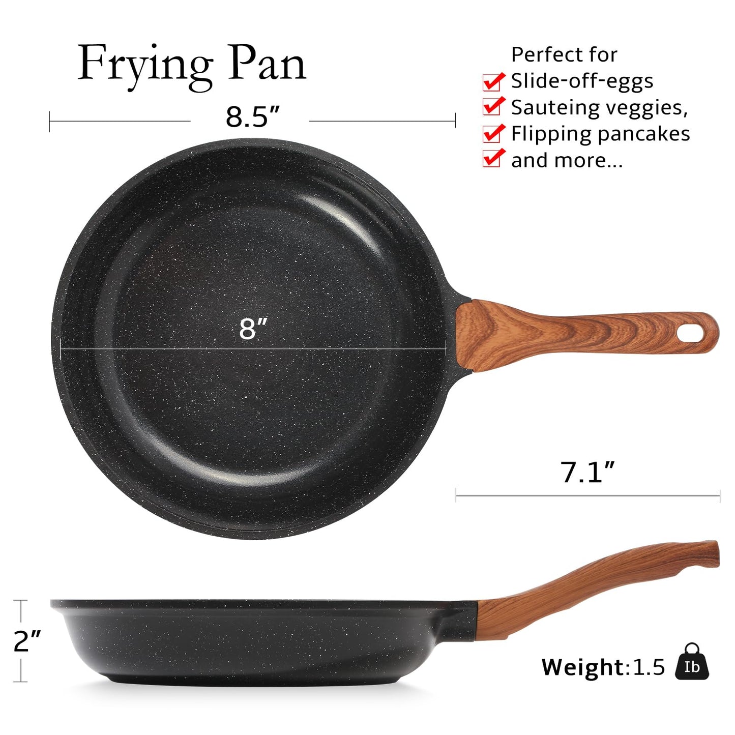 ESLITE LIFE Nonstick Ceramic Frying Pan Skillet, Non-Toxic Egg Omelette Kitchen Cooking Pans Compatible with All Stovetops (Gas, Electric & Induction), PTFE & PFOA Free (Black, 8'')