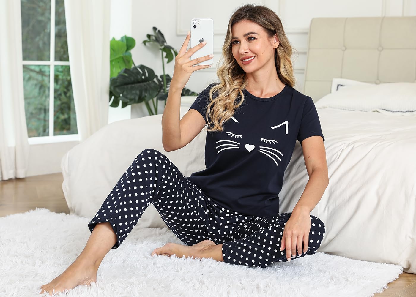EISHOPEER Women's Pajama Set Cat Print Tops and Polka Dot Pants Nightgown Pjs Sets Navy Blue M