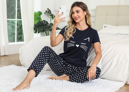 EISHOPEER Women's Pajama Set Cat Print Tops and Polka Dot Pants Nightgown Pjs Sets Navy Blue M