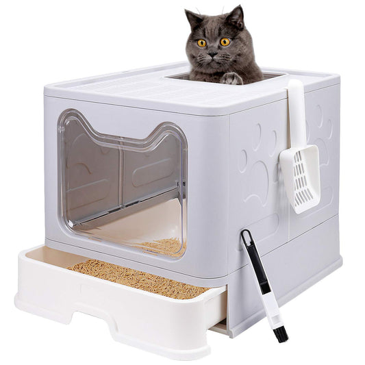 Foldable Cat Litter Box with Lid, Enclosed Potty, Large Top Entry Anti-Splashing Toilet, Easy to Clean Including Litter Scoop and 2-in-1 Cleaning Brush (Grey)