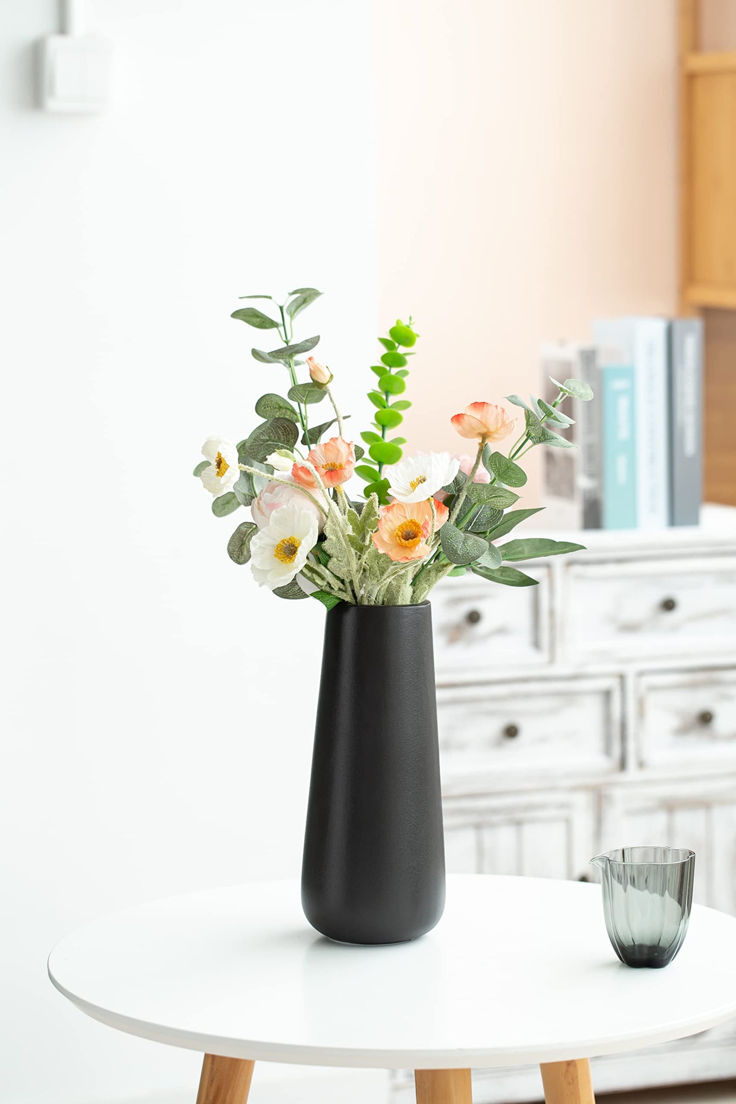 11 Inch Tall Matt Black Ceramic Vase for Flowers & Pampas Grass, Classic Rustic Style Decorative Vases for Home Decor Table Centerpieces