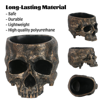 GameXcel Halloween Skull Candy Dish - Large Skull Candy Bowl for Trick or Treat - Skeleton Head Treat Container Planter or Desktop Halloween Decor - Bronze Resin