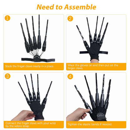 Halloween Articulated Fingers with Protective Gloves, Articulated Finger Extensions, Finger Claw with Protective Gloves, Scary and Flexible Skeleton Claws Hands, Halloween Props for Any Costume, Black