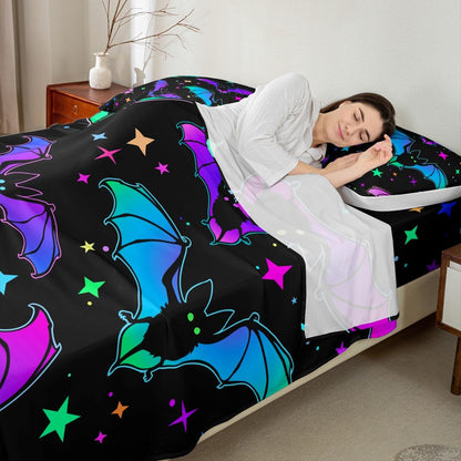 Erosebridal Halloween Bat Bedding Set King Size Glitter Stars Galaxy Bed Sheet Set for Kids Child, Cartoon Gothic Bats Fitted Sheet Halloween Decorations Teal Blue Green Purple