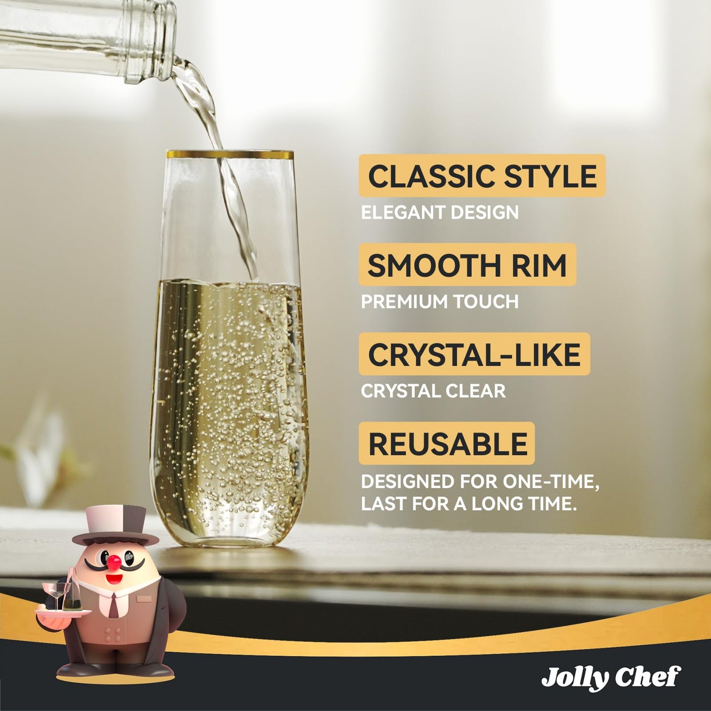 JOLLY CHEF 48 Pack Plastic Champagne Flutes, 9 oz Clear Stemless Champagne Flutes, Plastic Champagne Glasses with Golden Rim, Shatterproof Recyclable Mimosa Glasses for Party Wedding Birthday