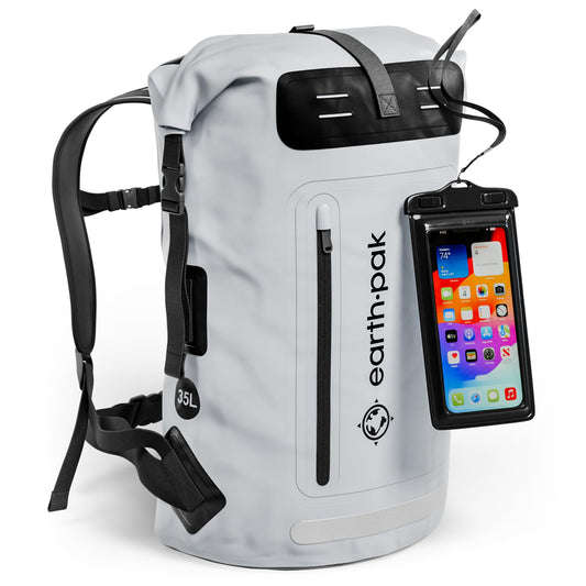 Earth Pak Waterproof Backpack - Heavy Duty Hiking Backpack - Roll-Top Closure Bag - Cushioned Dry Bag Waterproof Phone Case