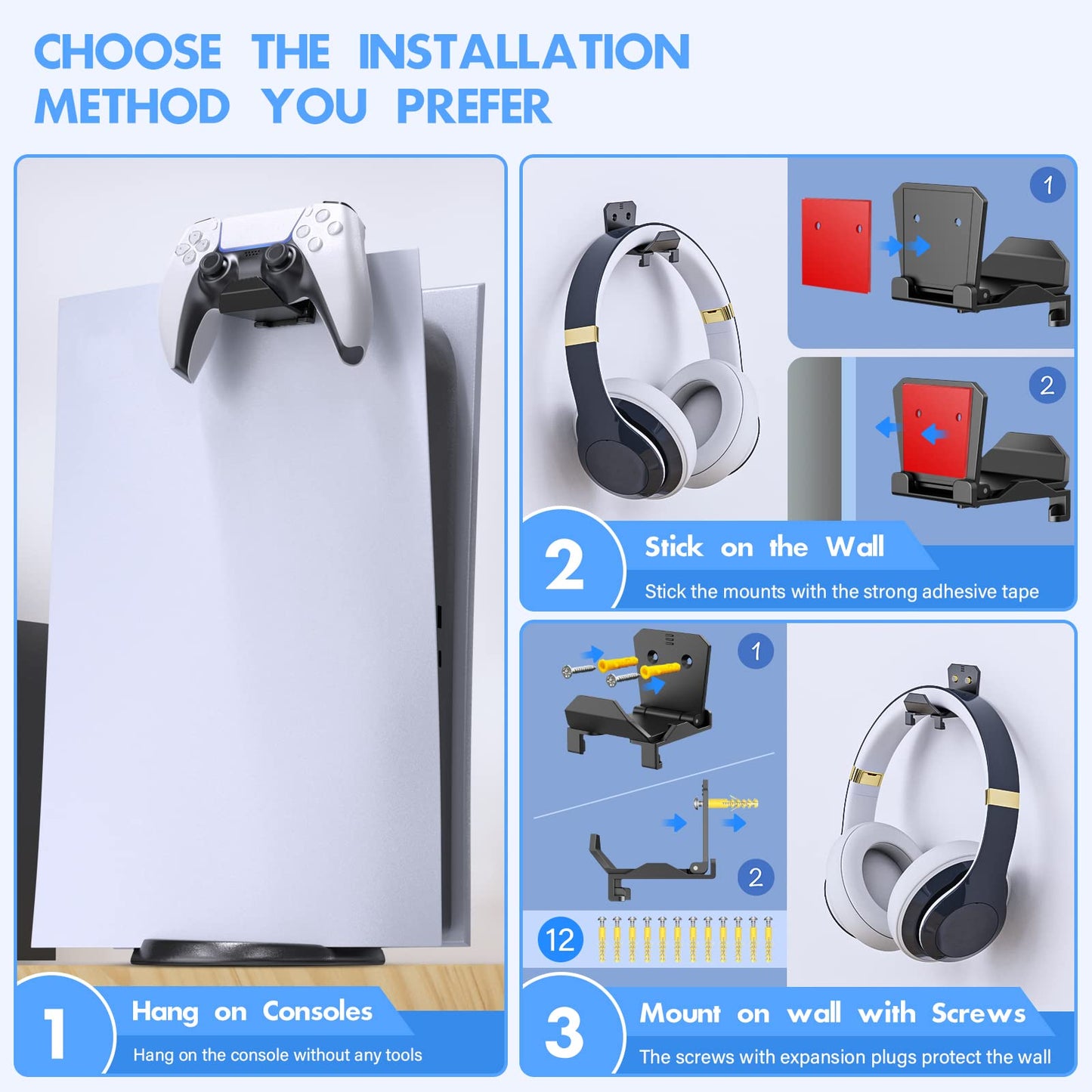 Controller Wall Mount Holder for PS5 Pro/Slim Controller, for Switch Controller,Strong Adhesive/Screw Controller Holder Headphone stand,Headset Hanger Hook for Universal Controller and Headset-6 Pack