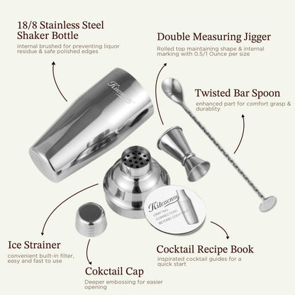 Cocktail Shaker, KITESSENSU 24oz Drink Shaker with Bartender Strainer, Measuring Jigger, Bar Mixing Spoon, Cocktail Recipe Guide, Professional Drink Mixer Set for Beginners, Silver