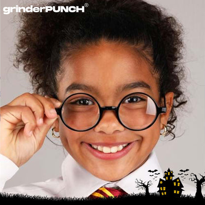 grinderPUNCH Kids Childrens Wizard Nerd Round Black Frame Glasses, Clear Lens (Age 4-12)