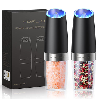 FORLIM Gravity Electric Salt and Pepper Grinder Set, Automatic Pepper Grinder Shakers Mill, Upgraded Batteries Powered Adjustable Coarseness with LED, One Hand Operation Perfect for Kitchen(Black)