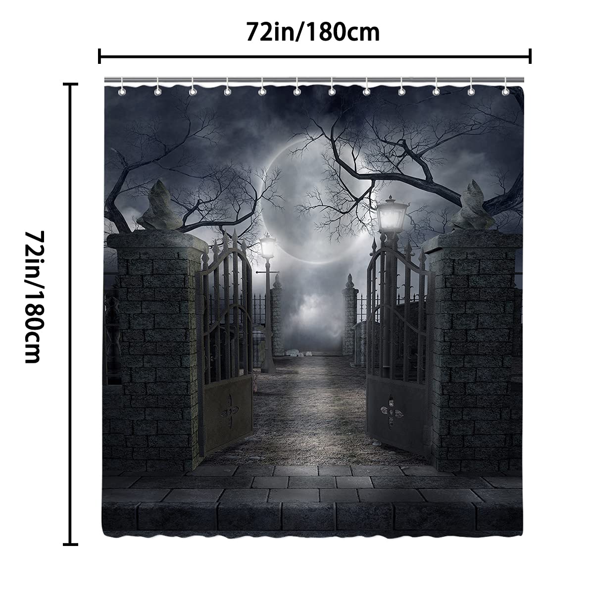 DePhoto Halloween Shower Curtain for Bathroom Scary Night Courtyard Door Spooky Moon Horrifying Dead Tree Street lamp Poliester Water Proof Fabric Decoration with 12Hooks 72x72inch