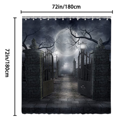 DePhoto Halloween Shower Curtain for Bathroom Scary Night Courtyard Door Spooky Moon Horrifying Dead Tree Street lamp Poliester Water Proof Fabric Decoration with 12Hooks 72x72inch