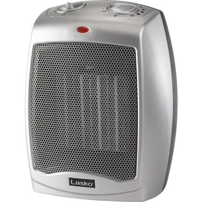 Lasko Desktop Electric Ceramic Space Heater with Adjustable Thermostat, 2 Heat Settings and Fan Only Mode, 9.2 Inches, Silver, 754200