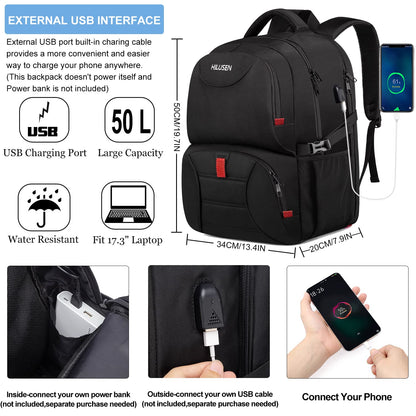 HILUSEN Extra Large Backpack for Men 50L, Insulated Cooler Lunch Box Backpack, Water Resistant 17inch Travel Laptop Work Bookbag with USB Charging Port,Black