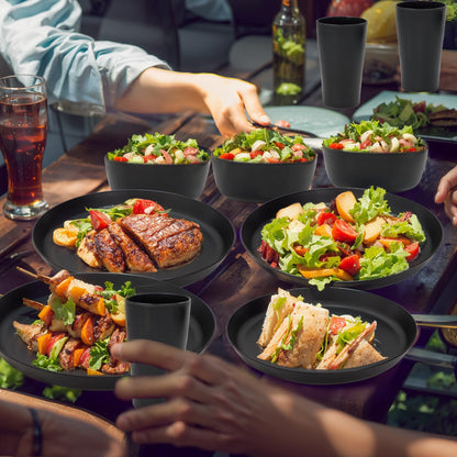 EI 24pcs Black Wheat Straw Plates,Wheat Straw Dinnerware Set,Plates and Bowls Sets,Reuasble Plate,Unbreakable Dinner Plate Heavy Duty Plastic for Halloween