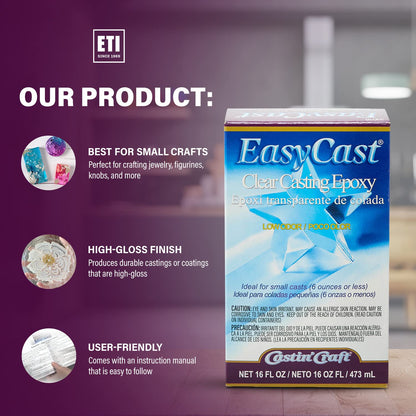 Environmental Technology EasyCast Crystal Clear Casting Epoxy Mix (2-Part Kit) For Coating of Small Arts & Crafts, Wood, Jewelry Making | Low Odor & Solvent Free | 8 oz Resin + 8oz Hardener (16 ounce)
