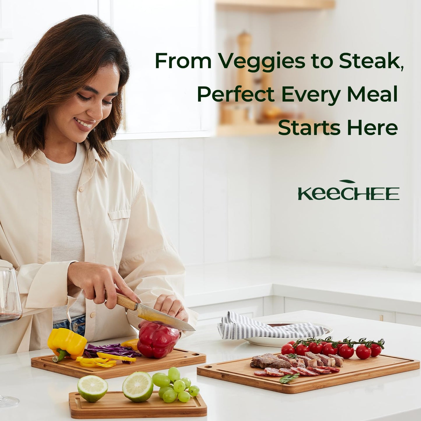 Keechee Bamboo Cutting Board, Durable Wood Cutting Boards for Kitchen with Deep Juice Grooves & Built-in Handles, Ideal Charcuterie & Chopping for Meat, Vegetables and Fruits Ideal Kitchen Gifts