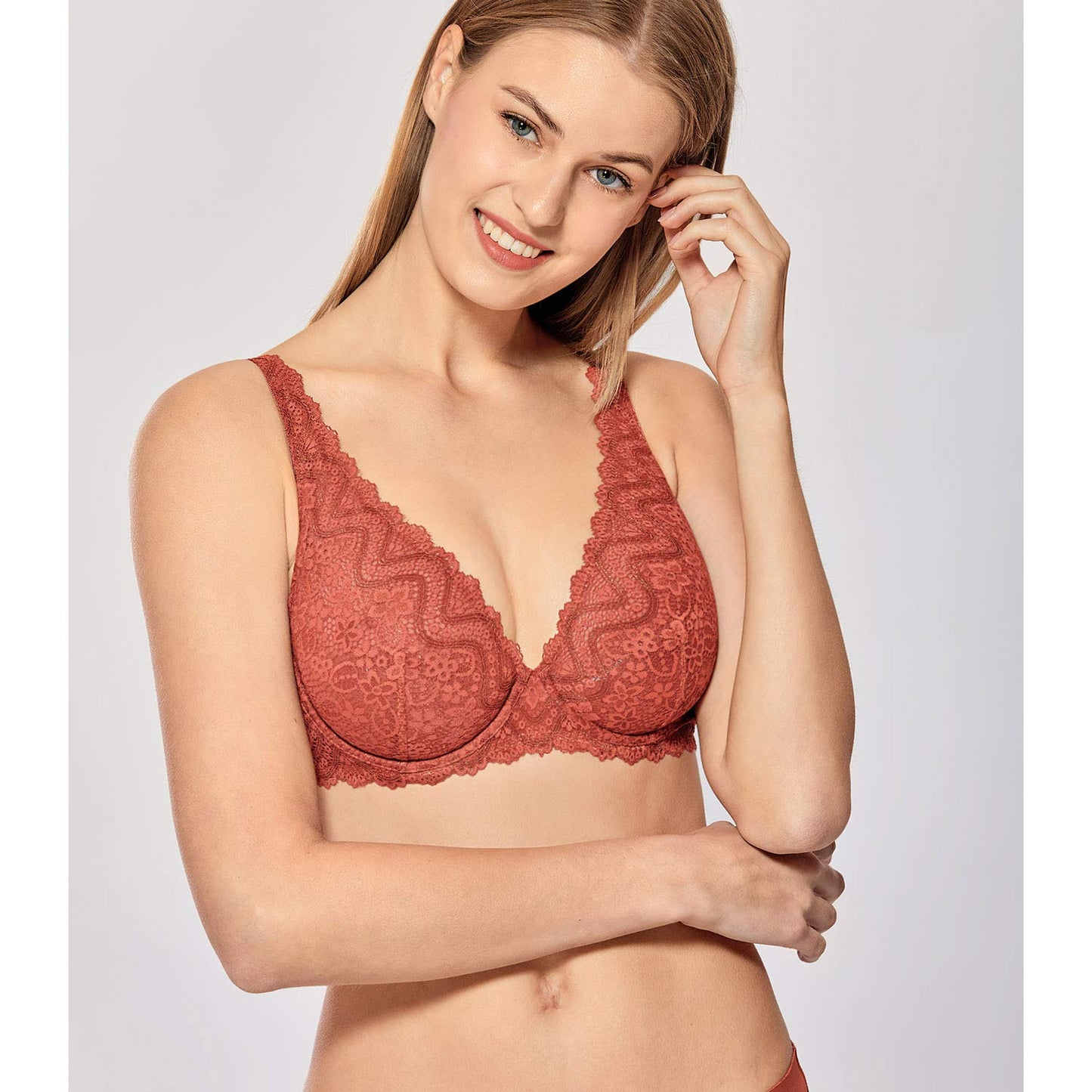 DOBREVA Women's Lace Plunge Bra Sexy Underwire Bralette Plus Size See Through Unlined Bras Pumpkin 32E